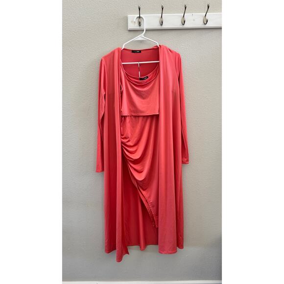 Fashion Nova 3 Piece Cardigan Skirt Set Coral Size Small Crop Top Bodycon - Picture 1 of 12